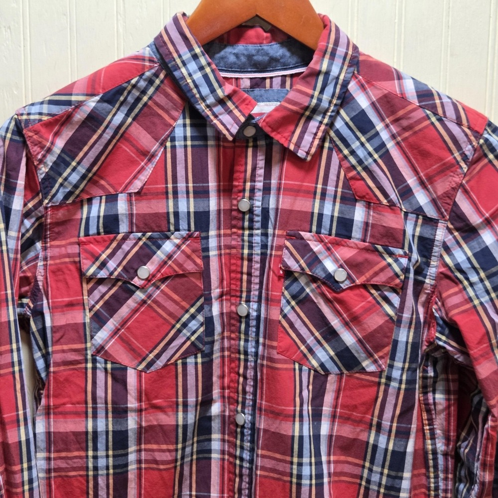 Levi's Shirt Youth Large 12-13 Red Plaid Snap Button Front Western Long Sleeve